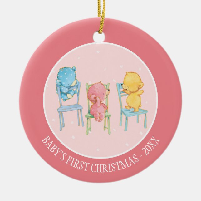 Yellow, Pink, and Blue Bears on Chairs Ceramic Tree Decoration (Front)