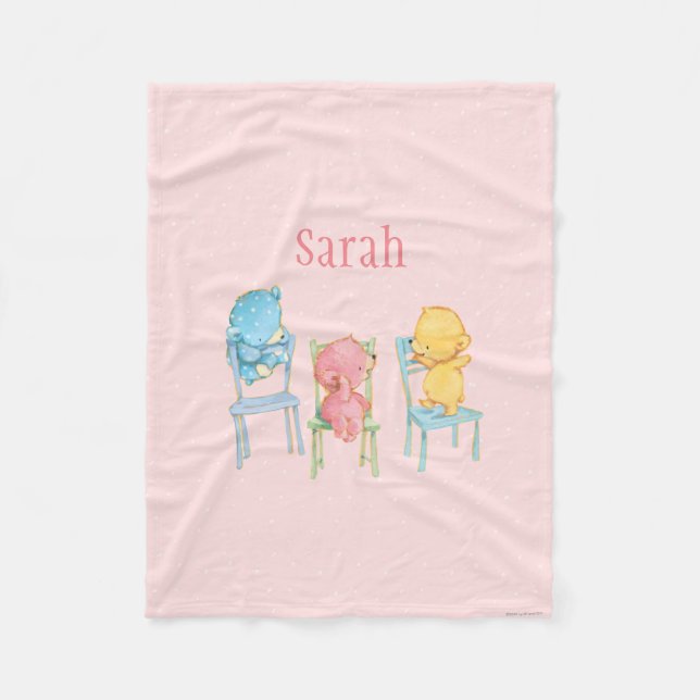 Yellow, Pink, and Blue Bears on Chairs Fleece Blanket (Front)