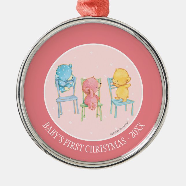 Yellow, Pink, and Blue Bears on Chairs Metal Tree Decoration (Front)