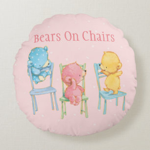Yellow, Pink, and Blue Bears on Chairs Round Cushion