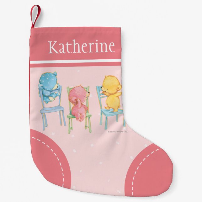 Yellow, Pink, and Blue Bears on Chairs Small Christmas Stocking (Front)