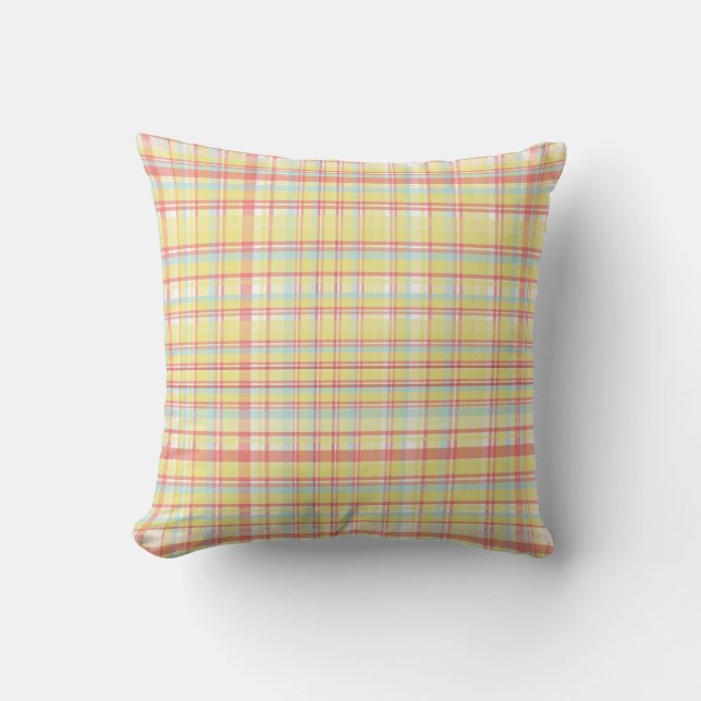 Yellow, Pink, and Blue Plaid Pattern Cushion (Front)