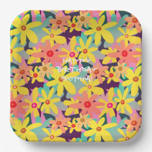 Yellow, pink and orange flowers paper plate
