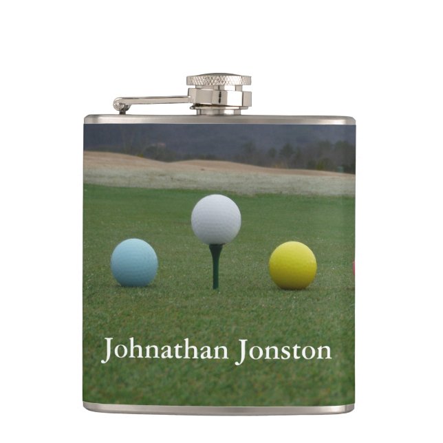 YELLOW, PINK AND WHITE  Golf Balls Hip Flask (Front)