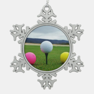 YELLOW, PINK AND WHITE Golf Balls Snowflake Pewter Christmas Ornament