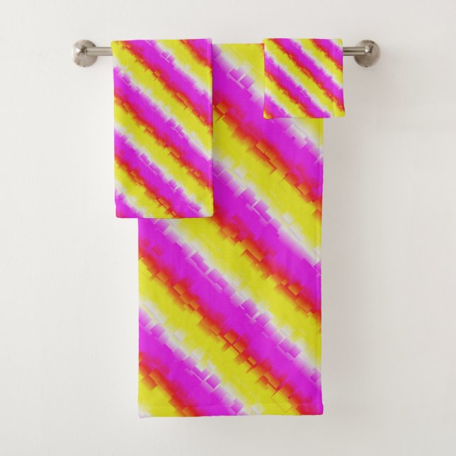 Yellow Pink Artdeco Rainbow Stripes Bath Towel Set (Insitu)