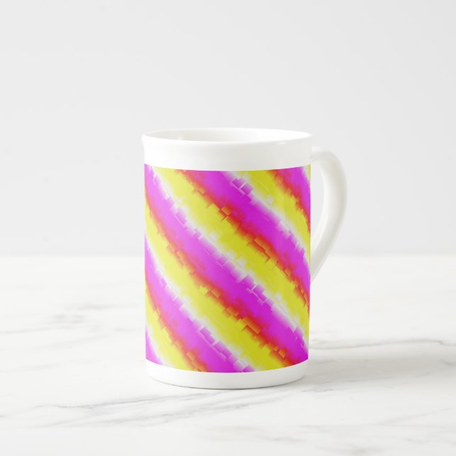 Yellow Pink Artdeco Rainbow Stripes Bone China Mug (Front Right)