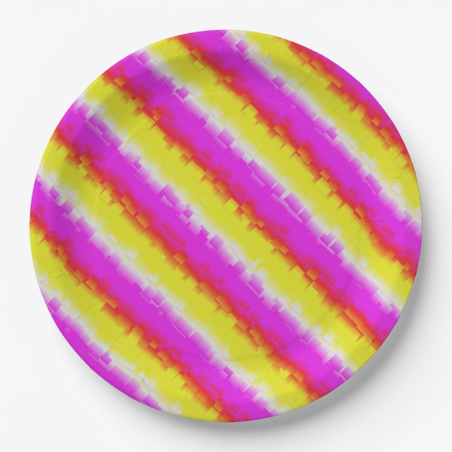 Yellow Pink Artdeco Rainbow Stripes Paper Plate (Front)