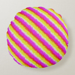 Yellow Pink Artdeco Rainbow Stripes Round Cushion
