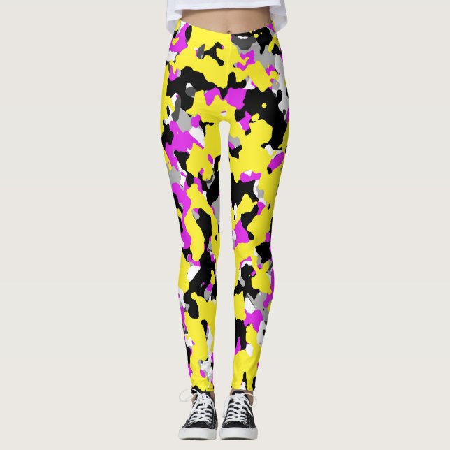 Yellow Pink Black Grey Camouflage Camo Pattern Leggings (Front)