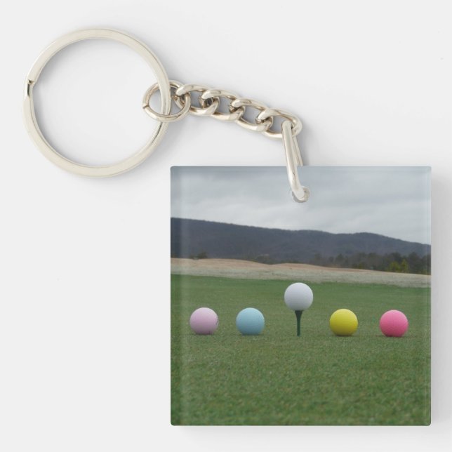 YELLOW, PINK, BLUE AND WHITE  Golf Balls Key Ring (Front)