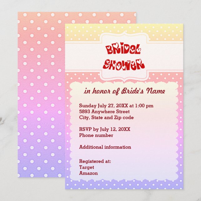 Yellow Pink Blue & White Dots Heart Bridal Shower Invitation (Front/Back)