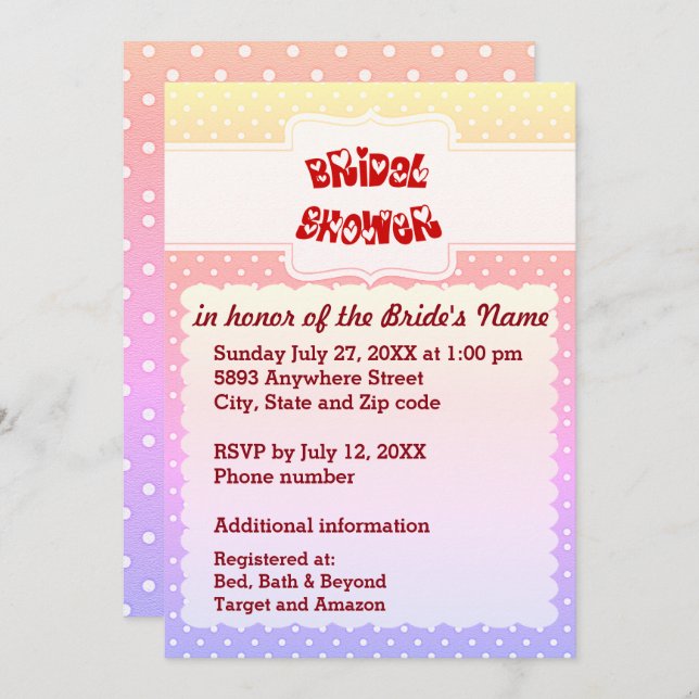 Yellow, Pink, Blue & White Polka Dots Heart Shower Invitation (Front/Back)