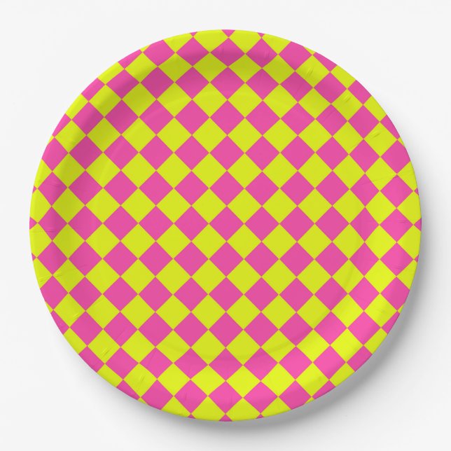 Yellow Pink Chequered Pattern Paper Plate (Front)