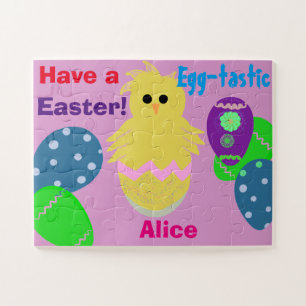 Yellow Pink Chick Easter Eggs Personalised NAME Jigsaw Puzzle
