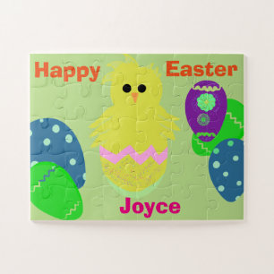 Yellow Pink Chick Eggs Easter Personalised NAME Jigsaw Puzzle