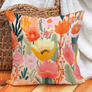 Yellow Pink Coral Cream Floral  Cushion