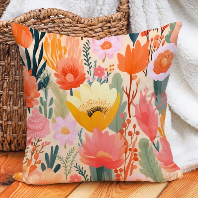 Yellow Pink Coral Cream Floral  Cushion (Yellow Pink Coral Cream Floral Throw Pillow)