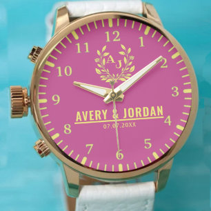 Yellow Pink couple names monogram Watch