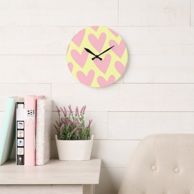 Yellow Pink Cute Simple Heart Y2K Pattern  Large Clock (Reading Room)