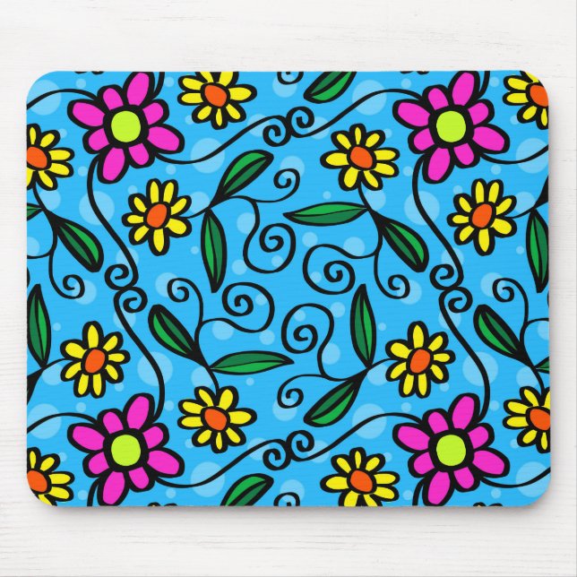 Yellow pink daisies, flowers with blue background mouse pad (Front)
