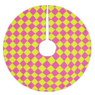 Yellow Pink Diamond Chequered Pattern Brushed Polyester Tree Skirt