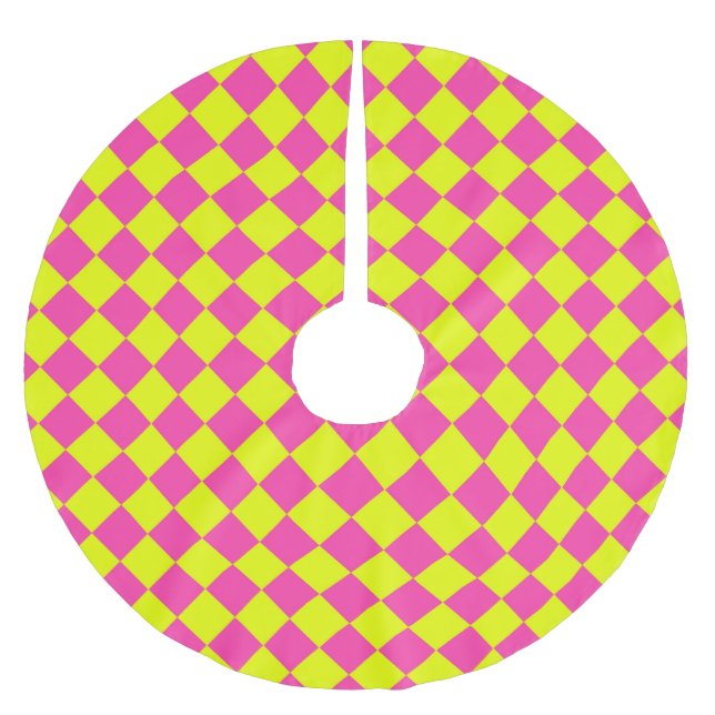 Yellow Pink Diamond Chequered Pattern Brushed Polyester Tree Skirt (Front)