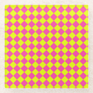 Yellow Pink Diamond Chequered Pattern Glass Coaster