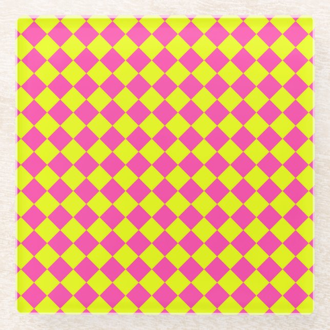 Yellow Pink Diamond Chequered Pattern Glass Coaster (Front)