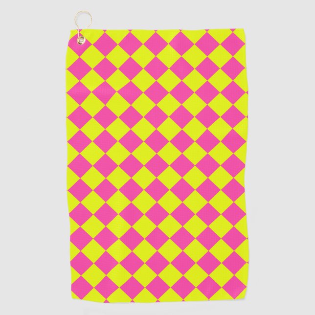 Yellow Pink Diamond Chequered Pattern Golf Towel (Front)