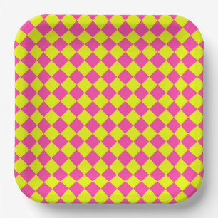 Yellow Pink Diamond Chequered Pattern Paper Plate