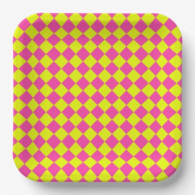 Yellow Pink Diamond Chequered Pattern Paper Plate (Front)