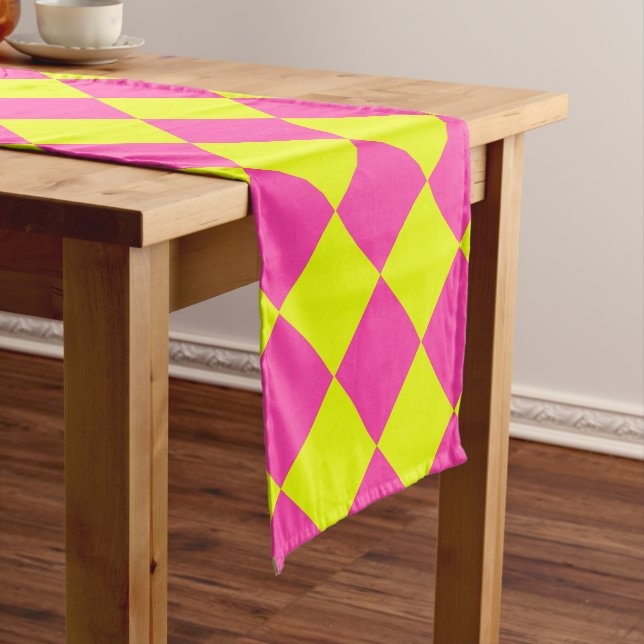 Yellow Pink Diamond Chequered Pattern Short Table Runner (In Situ)