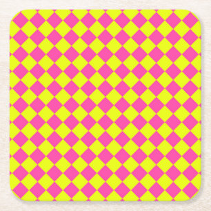 Yellow Pink Diamond Chequered Pattern Square Paper Coaster