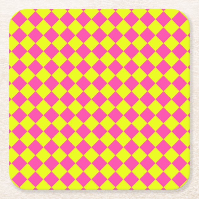 Yellow Pink Diamond Chequered Pattern Square Paper Coaster (Front)