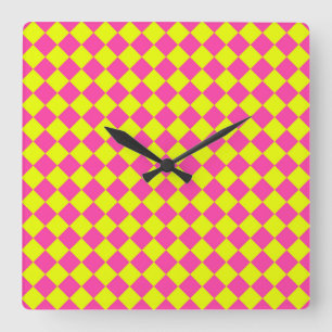 Yellow Pink Diamond Chequered Pattern Square Wall Clock