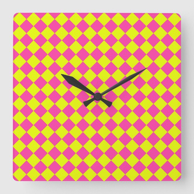 Yellow Pink Diamond Chequered Pattern Square Wall Clock (Front)