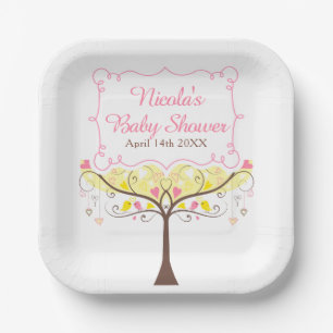Yellow Pink Floral Bird Baby Shower  Paper Plate