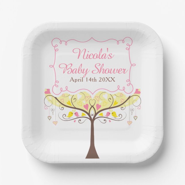 Yellow Pink Floral Bird Baby Shower  Paper Plate (Front)