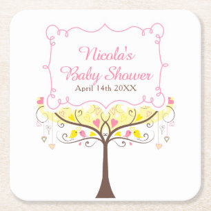 Yellow Pink Floral Bird Baby Shower  Square Paper Coaster