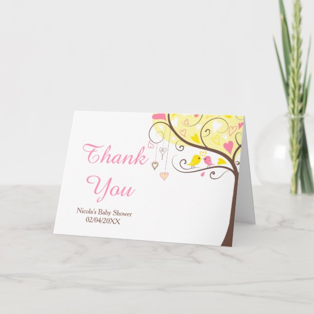 Yellow & Pink Floral Bird Baby Shower Thank You Card (Front)