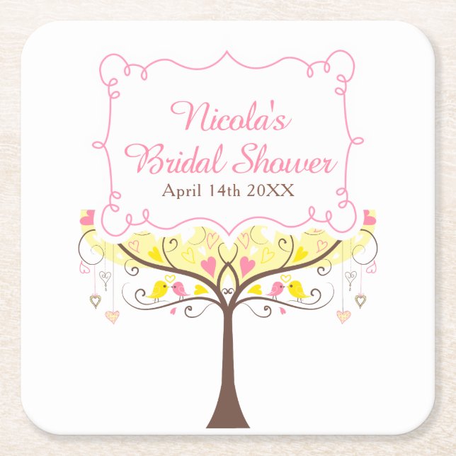 Yellow Pink Floral Bird Bridal Shower  Square Paper Coaster (Front)