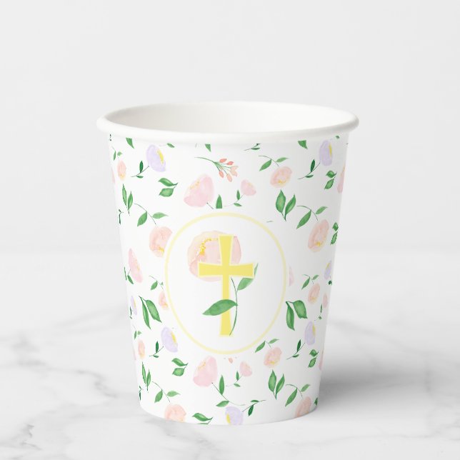 Yellow Pink Floral Cross Paper Cups (Front)