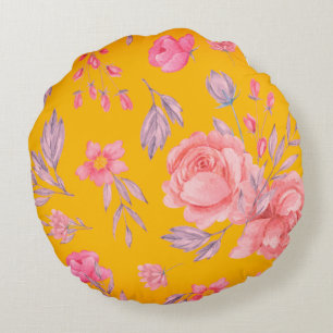 Yellow & Pink Floral Print Round Throw Pillow