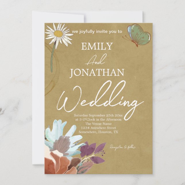 Yellow Pink Floral Watercolor Wedding Invitation (Front)