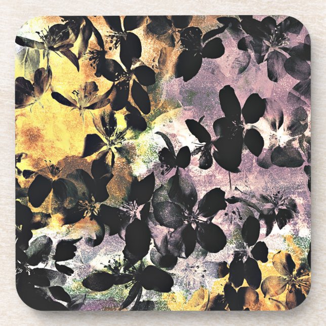 Yellow pink flower pattern floral digital art coaster (Front)