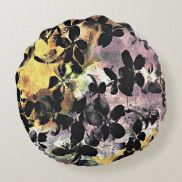 Yellow pink flower pattern floral digital art round cushion