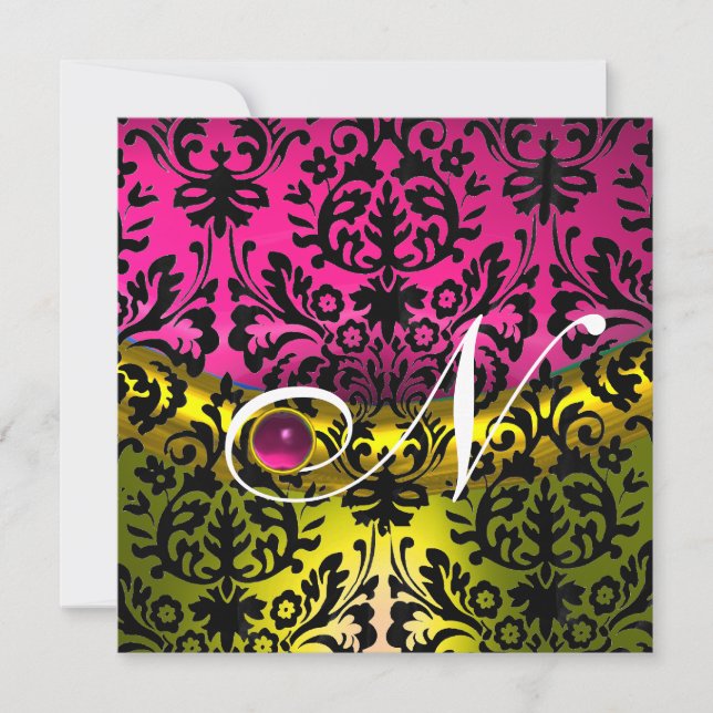YELLOW PINK FUCHSIA BLACK DAMASK MONOGRAM TOPAZ INVITATION (Front)