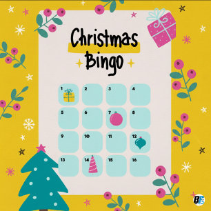 Yellow & Pink Illustrative Christmas Bingo Poster