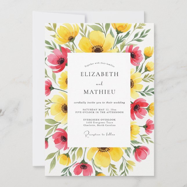 Yellow Pink Jubilant Summer Wedding Invitation (Front)